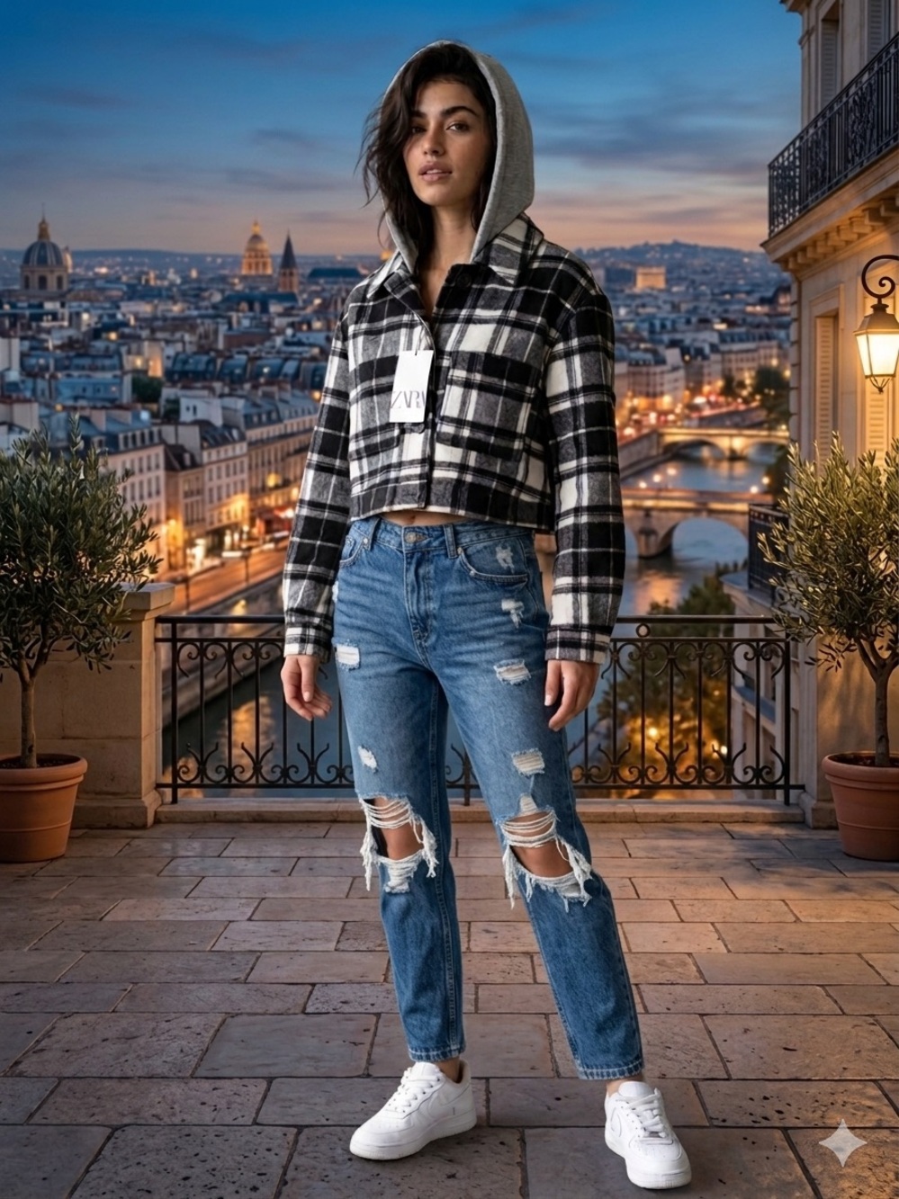 Zara Black and White Plaid Cropped Hooded Jacket
